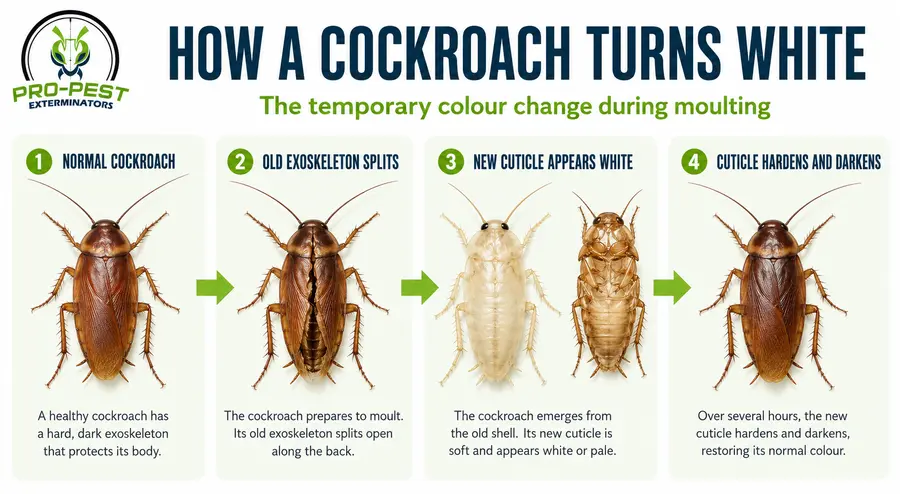 White Cockroach: What It Is and What the Sighting Means 3 White Cockroach Four stages showing how a cockroach turns white during moulting as its old exoskeleton splits and the new cuticle hardens and darkens.