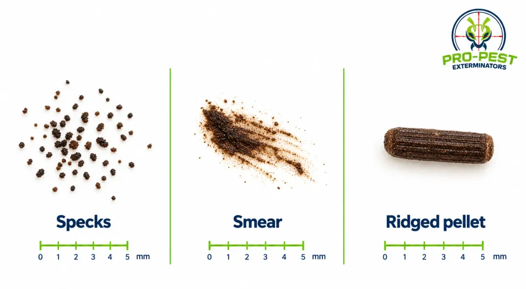 Cockroach Poop: What It Looks Like, Size and Pictures 3 cockroach poop Cockroach poop appearance showing dark specks, smears and ridged pellets